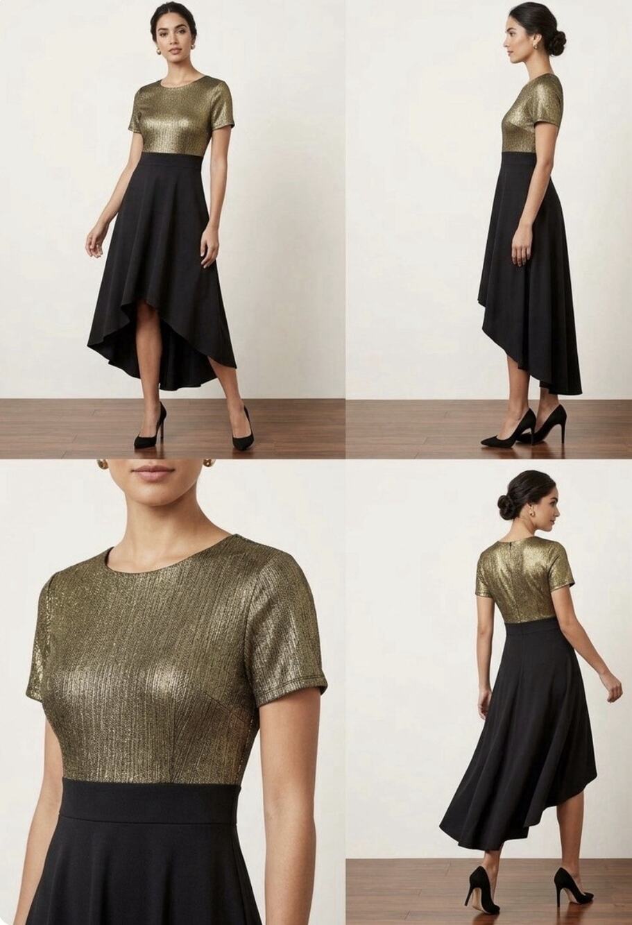 Gold Metallic Glitter Bodice Black High-Low Evening Maxi Dress Size 12 Wedding